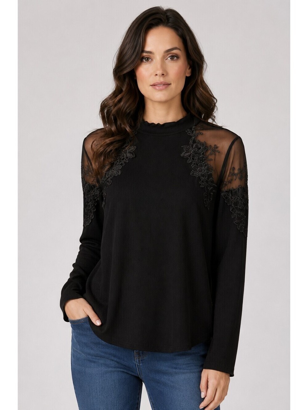 Free People Black Ribbed Mock Neck Top XS Sheer Floral Mesh Long Sleeve Boho